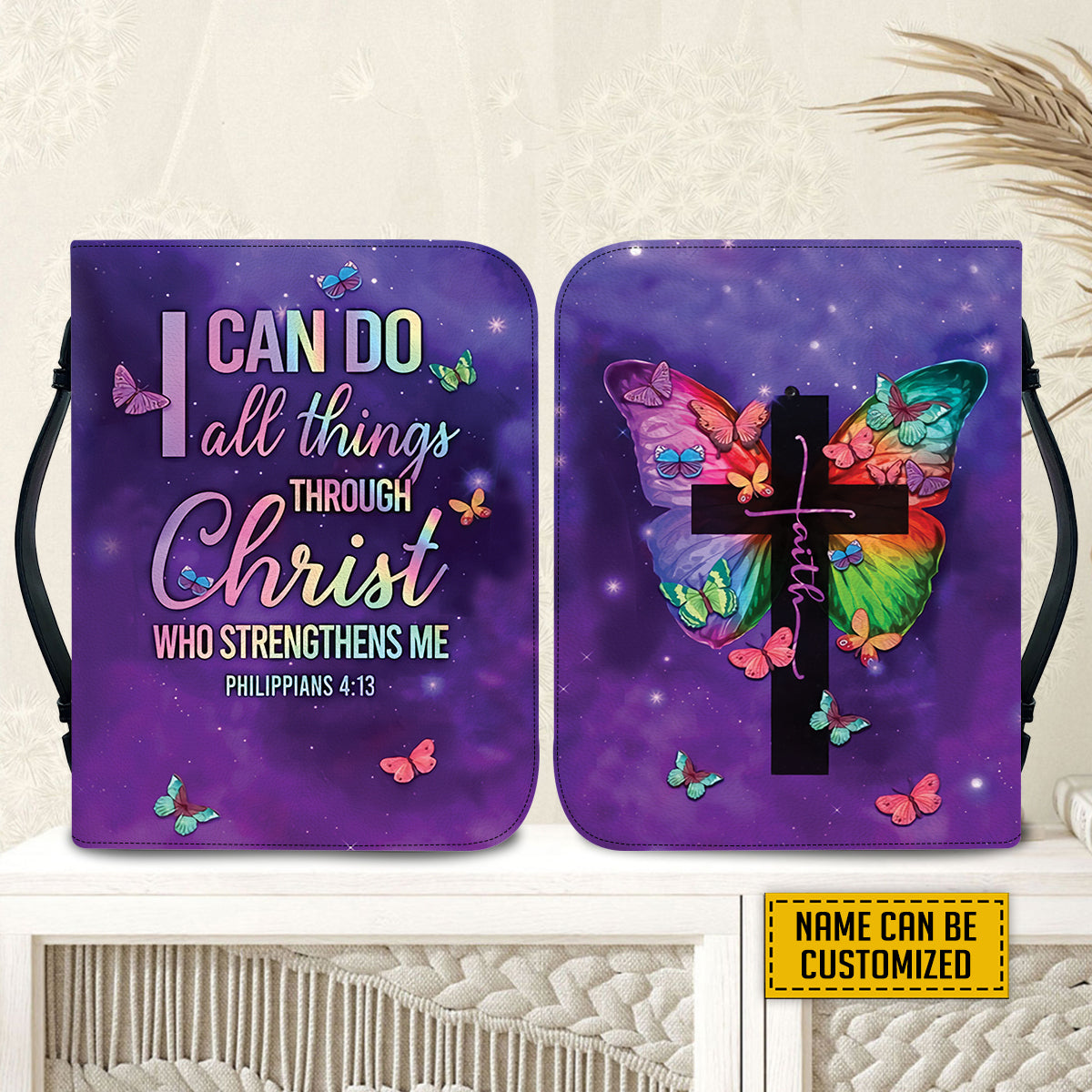 Teesdily | Customized God Butterfly Colorful Bible Cover, I Can Do All Things Through Christ, Jesus Believer Gifts, Inspirational Gifts For Women