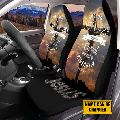 Teesdily | Custom Jesus Cross Car Seat Cover, I Can Do All This Through Him Who Gives Me Strength Front Seat Protector, Jesus Lover Gift, Car Decor