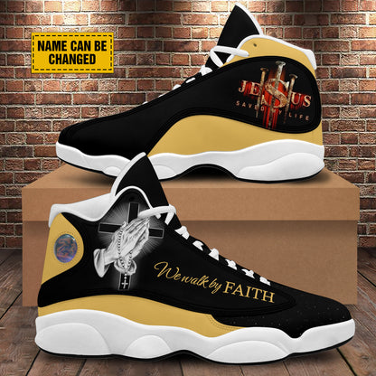 Teesdily | Personalized We Walk By Faith Basketball Shoes, Hands Praying God Shoes, Christian Footwear Unisex Basketball Shoes