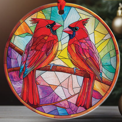 Teesdily | Couple Cardinal Ornament Christmas, Cardinal Stained Glass Acrylic 2D Ornament Christmas, Holiday Noel Ornament Gift