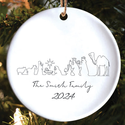 Teesdily | Customized Jesus Nativity Drawing Ceramic Ornament, Continous Line Drawing Jesus Holy Night Christmas Ornament Gift