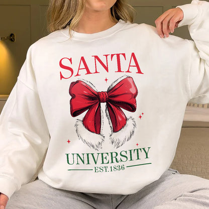 Teesdily | Retro Santa Bow University Est 1836 Shirt, Coquette Bow Christmas Sweatshirt, Social Club Santa Tee