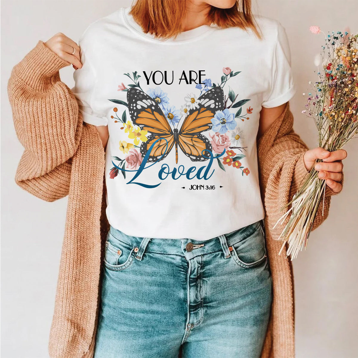 Teesdily | Christian Butterfly Flower Women Short Sleeve Tops You Are Loved Basic Sweatshirt Hoodie Mug God Bible Verse Christian Religious Gifts