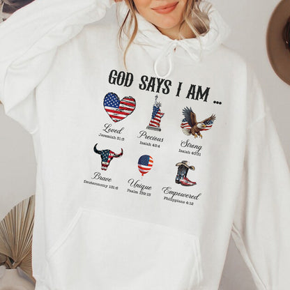 Teesdily | God Says I Am Shirt, American Flag Cowboy Sweatshirt, Eagle Heart Statue of Liberty Mug, Jesus Christ Mug Gifts