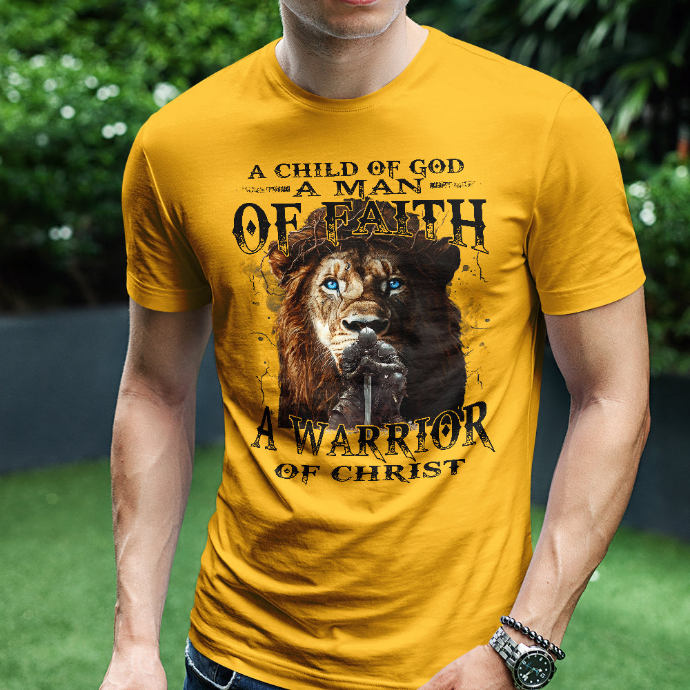 Teesdily | Jesus Warrior Knight Lion Shirt, A Warrior Of Christ Sweatshirt, A Child Of God Hoodie Mug, Man Of Faith Religious Tee