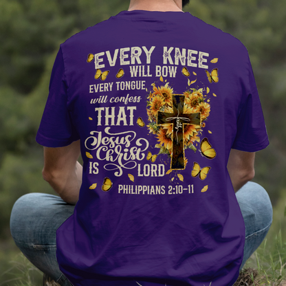 Teesdily | Every Knee Shall Bow Shirt, Every Tongue Shall Confess Sweatshirt, Bible Verse Sunflower Cross Jesus Hoodie Mug Gift