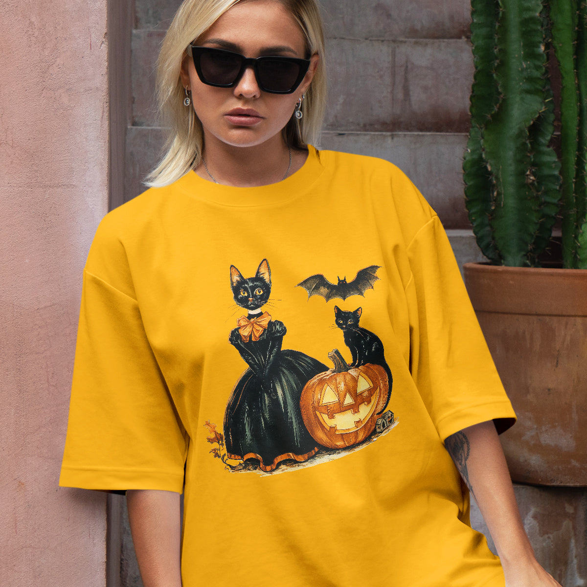 Teesdily | Childless Cat Lady Full Color Shirt, Halloween Pumpkin Witch And Cat Sweatshirt, Witchy Black Cat Hoodie Mug