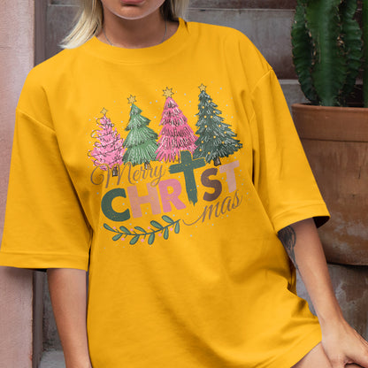 Teesdily | Merry Christmas Shirt, Jesus Christmas T-shirt, Christian Christmas Tree Sweatshirt, Holiday Christmas Hoodie Mug Gift