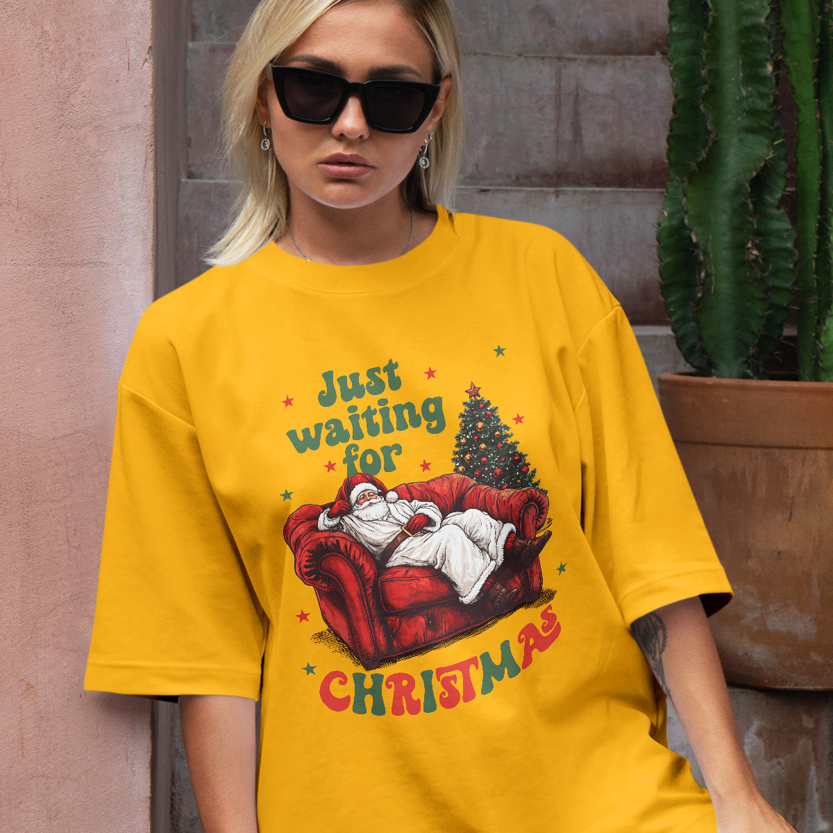 Teesdily | Just Waiting For Christmas Shirt, Santa Sofa Christmas Lights Tee 2024, Santa Claus Sweatshirt Hoodie Mug, Holiday Gift