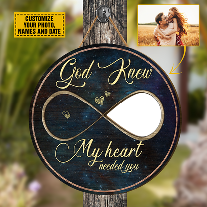 Teesdily | Couple Custom Photo Wood Sign God Know My Heart Needed You Wood Sign Galaxy Print Newly Couple Home Door Decoration Custom Gifts