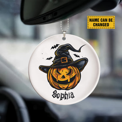 Teesdily | Customized Halloween Pumpkin Witch Hat Ornament, Pumpkin Ornaments Car Hanger Rear View Mirror, Fall Spooky Decorations, Halloween Gift