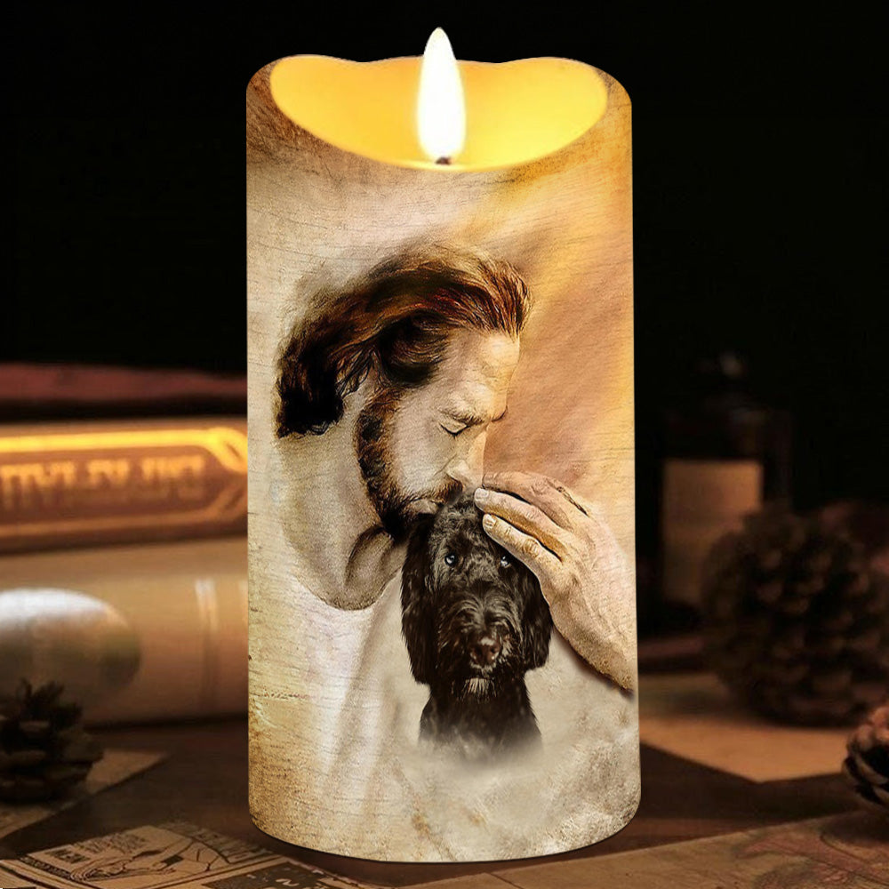 Teesdily | Customized Jesus With Dogs Memorial Led Candle, Pet Sympathy Gift, Dog Mom Gift, Memorial Dog Led Candle