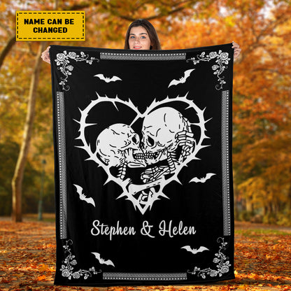 Teesdily | Personalized Skeleton Couple Blanket Together Forever Fleece Blanket Halloween Goth Couple Halloween Gift Personalized Skull Gothic