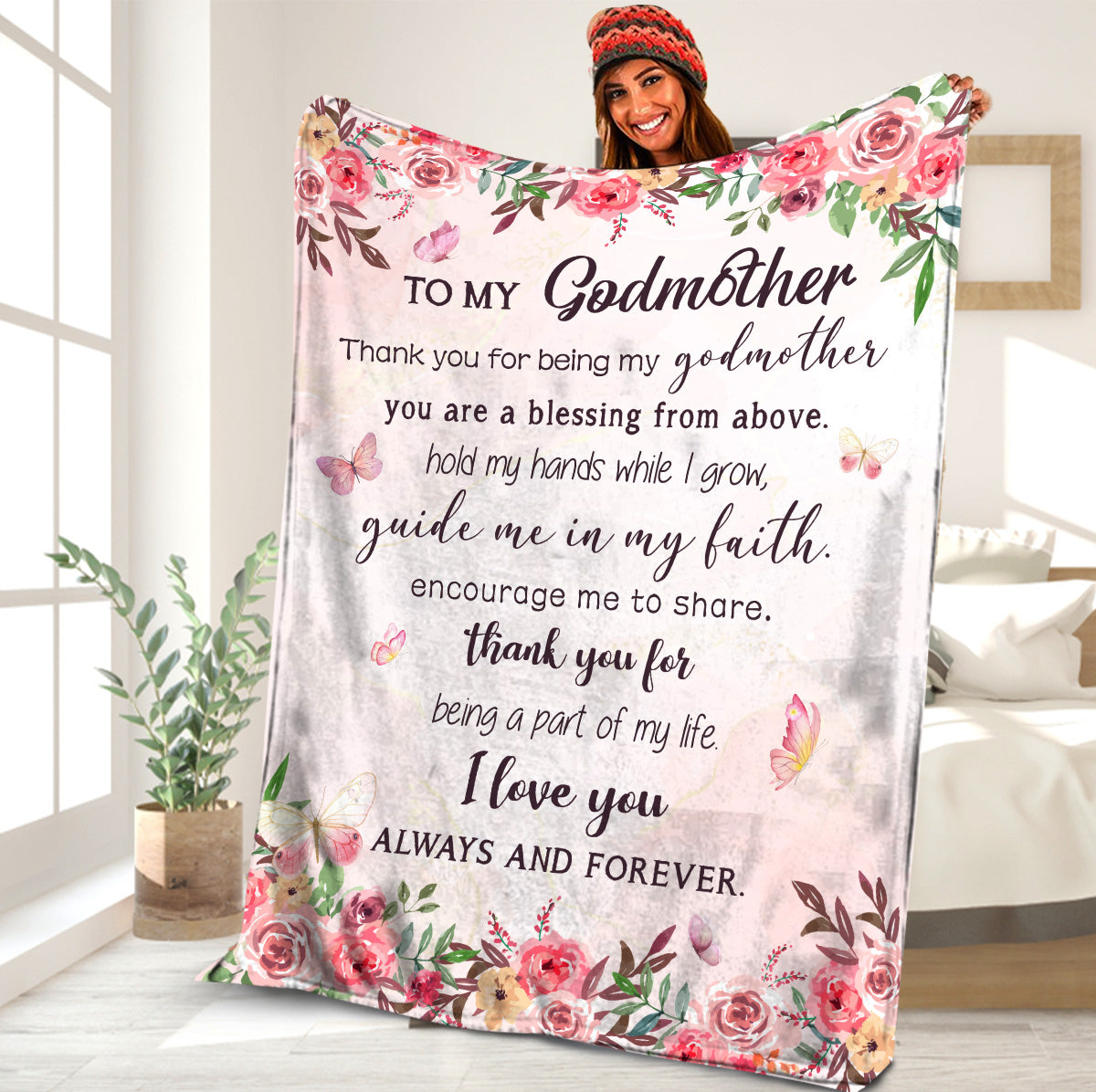 Teesdily | To My Godmother Fleece Blanket Godmother Floral Watercolor Warm Blanket Thank You For Being My Godmother Sherpa Fleece Christian Mom Gifts