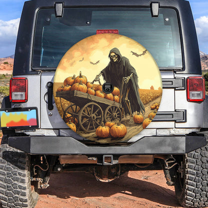 Teesdily | Halloween Skeleton Pumpkin Car Spare Tire Cover, Grim Reaper Halloween Pumpkin Field Wheel Cover, Car Decor, Halloween Gifts