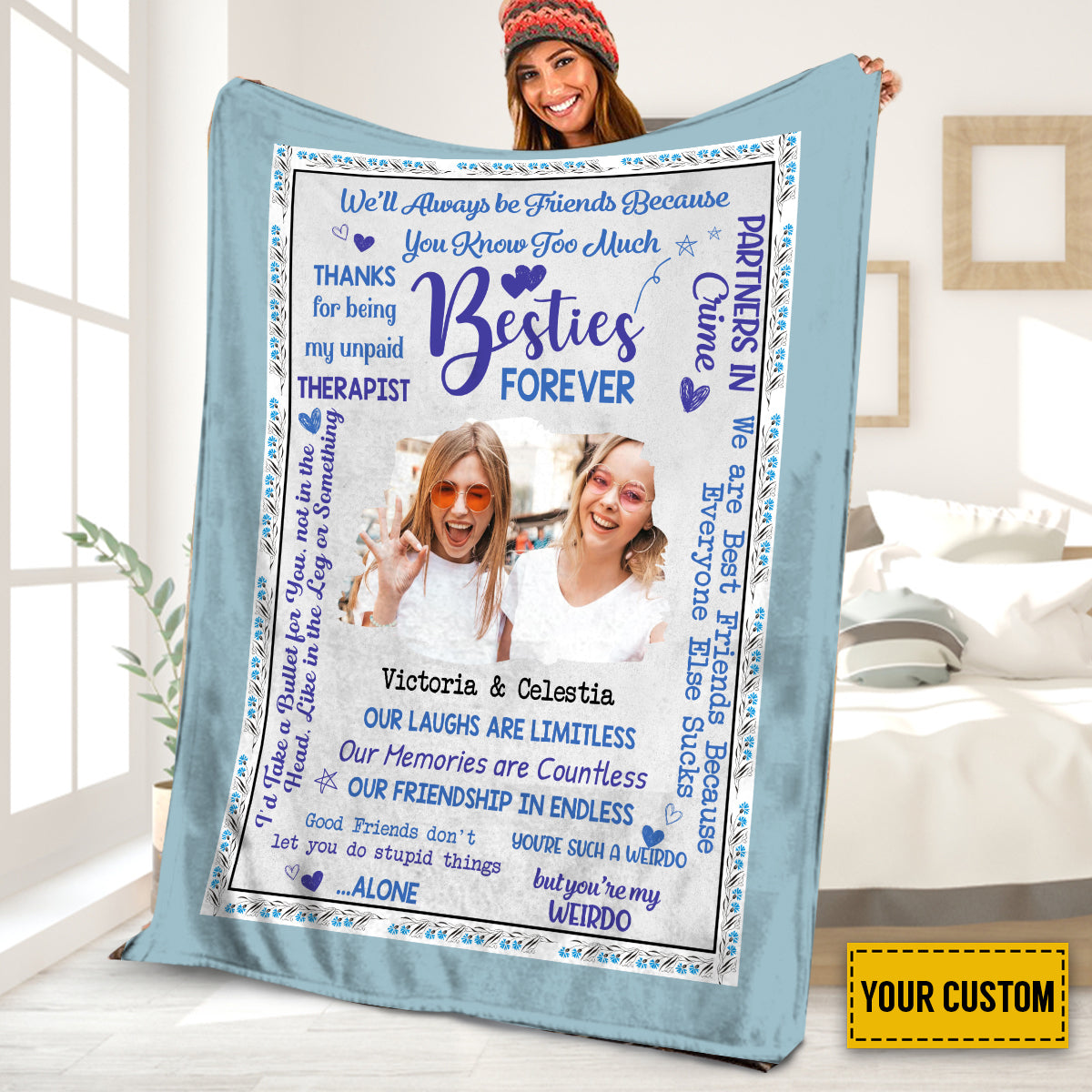 Teesdily | Personalized Besties Forever Fleece Blanket With Photo To My Best Friends Travel Blanket Inspirational Gift For Bff Besties Friendship Day