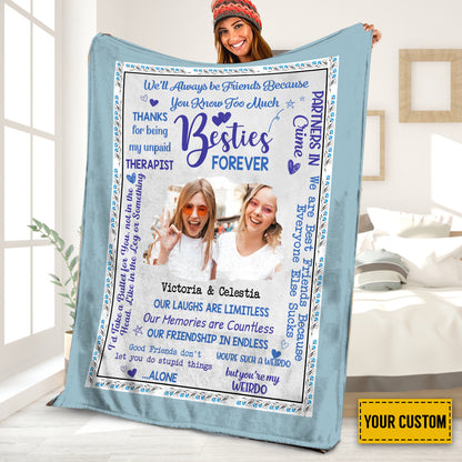 Teesdily | Personalized Besties Forever Fleece Blanket With Photo To My Best Friends Travel Blanket Inspirational Gift For Bff Besties Friendship Day