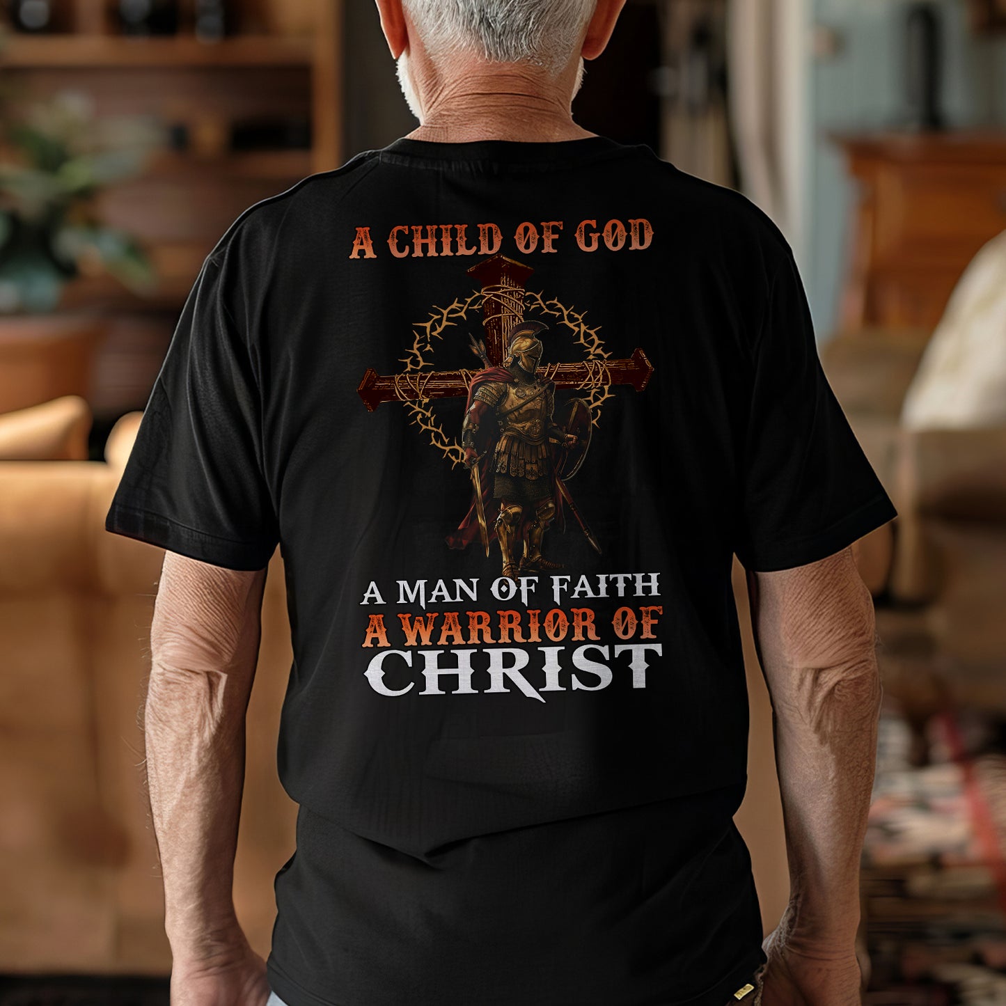 Teesdily | Jesus Warrior Man Shirt, A Child Of God A Man Of Faith A Warrior Of Christ Hoodie Sweatshirt Mug, Christian Shirt Back Design, Jesus Gifts