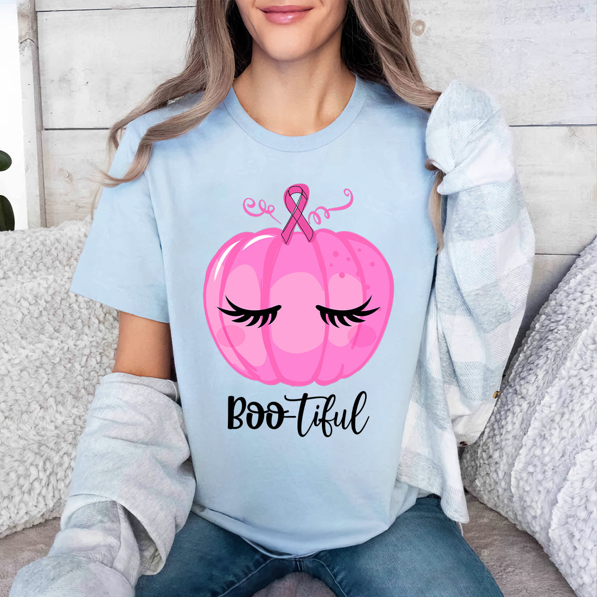 Teesdily | Pink Pumpkin Bootiful Shirt, Breast Cancer Halloween Sweatshirt, Pink Ribbon Pumpkin Cancer Fighter Hoodie Mug, Cancer Month Gift