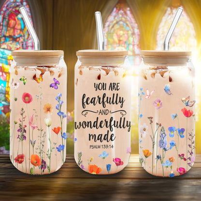 Teesdily | Wildflower Bible Verse Glass Can, You Are Fearfully And Wonderfully Made Frosted Can With Straw, Inspirational Gifts For Women