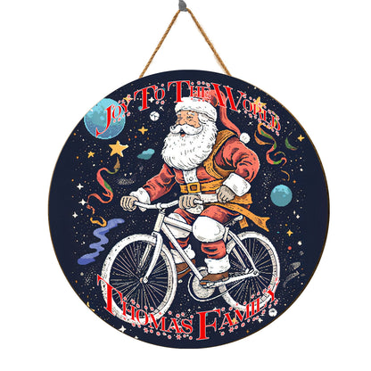 Teesdily | Customized Santa Claus Cycling Wood Sign Joy To The World Christmas Front Door Sign Funny Custom Face Wood Sign Xmas Decor