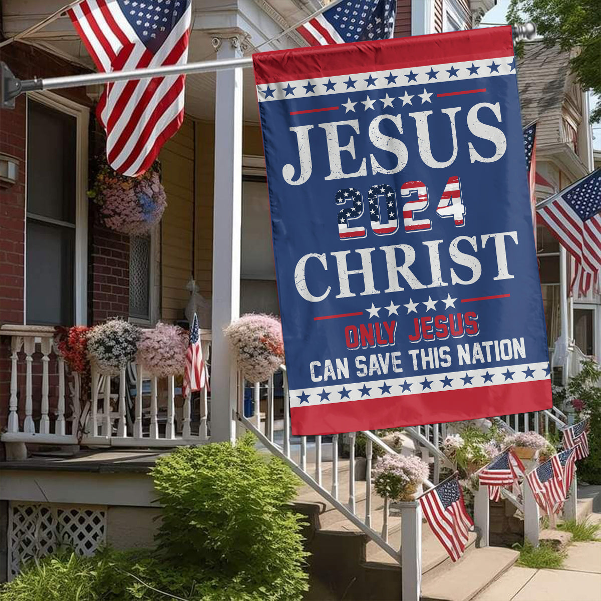 Teesdily | American Flag Jesus Christ House Flag, Jesus Christ 2024 Only Jesus Can Save This Nation Garden Flag, Patriotic Flag, Outdoor Decor Gifts