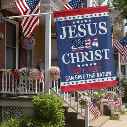 Teesdily | American Flag Jesus Christ House Flag, Jesus Christ 2024 Only Jesus Can Save This Nation Garden Flag, Patriotic Flag, Outdoor Decor Gifts