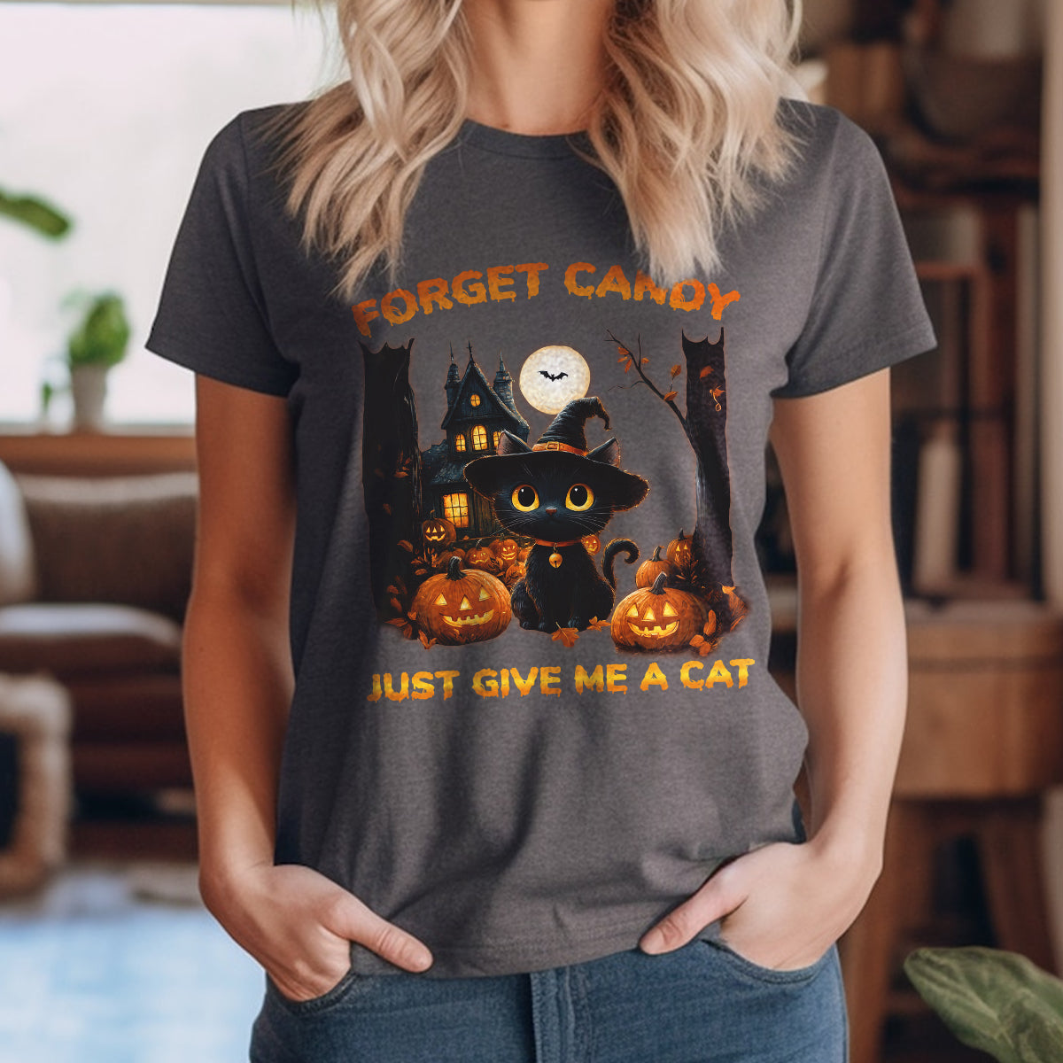 Teesdily | Halloween Cute Cat Shirt, Forget Candy Just Give Me A Cat Tee Sweatshirt Hoodie Mug, Halloween Cat Lovers Gifts, Cat Halloween Moon Shirt