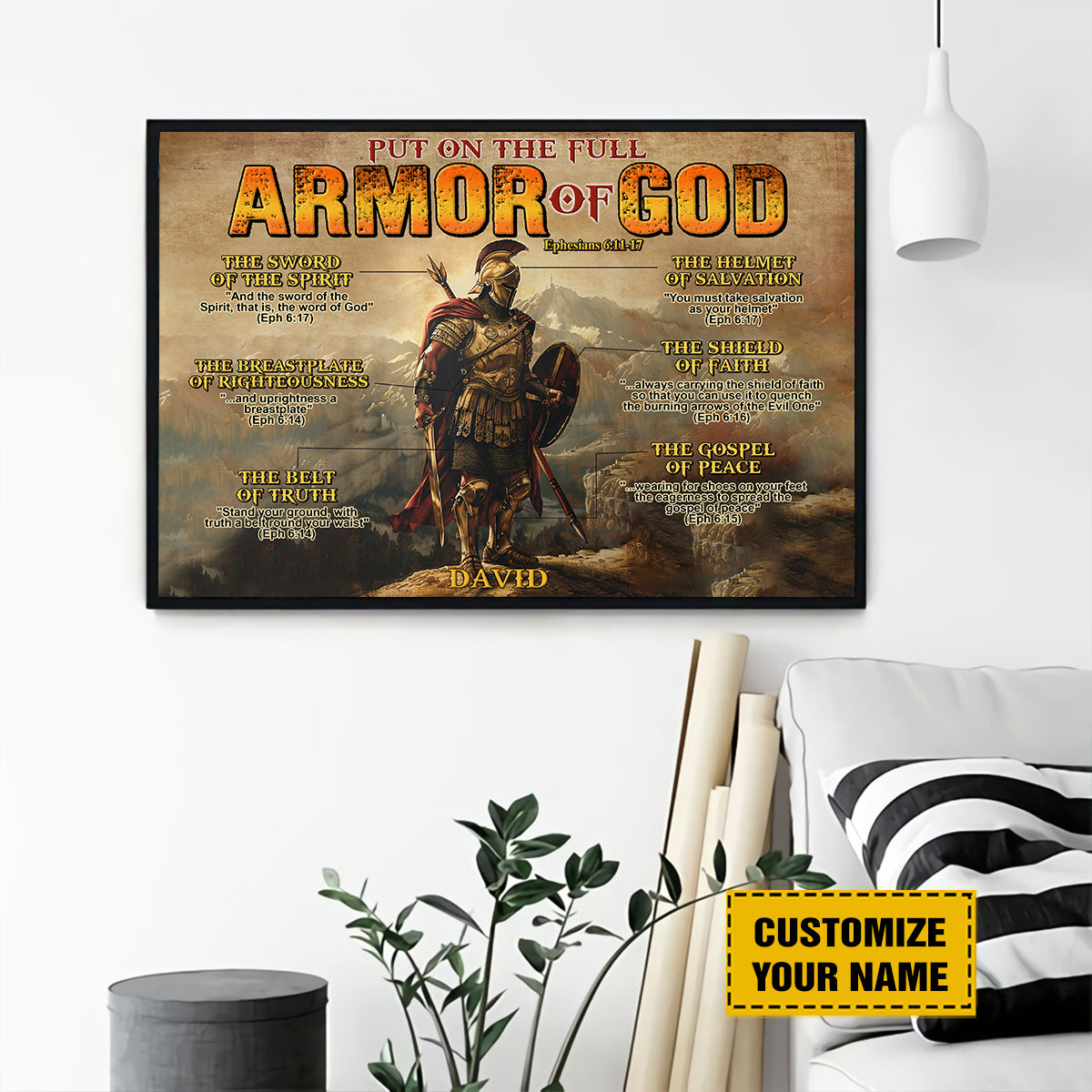 Teesdily | Customized Christian Warrior Poster Art, Put On The Full Armor Of God Canvas, Ephesians 613 Bible Verse Print Art, Jesus Lover Gifts