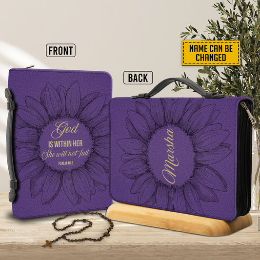 Teesdily | Bible Verse Custom Leather Bible Bag, Sunflower Purple Bible Carrier, God Is Within Her Bible Cover With Handle, Bible Case For Girl Women