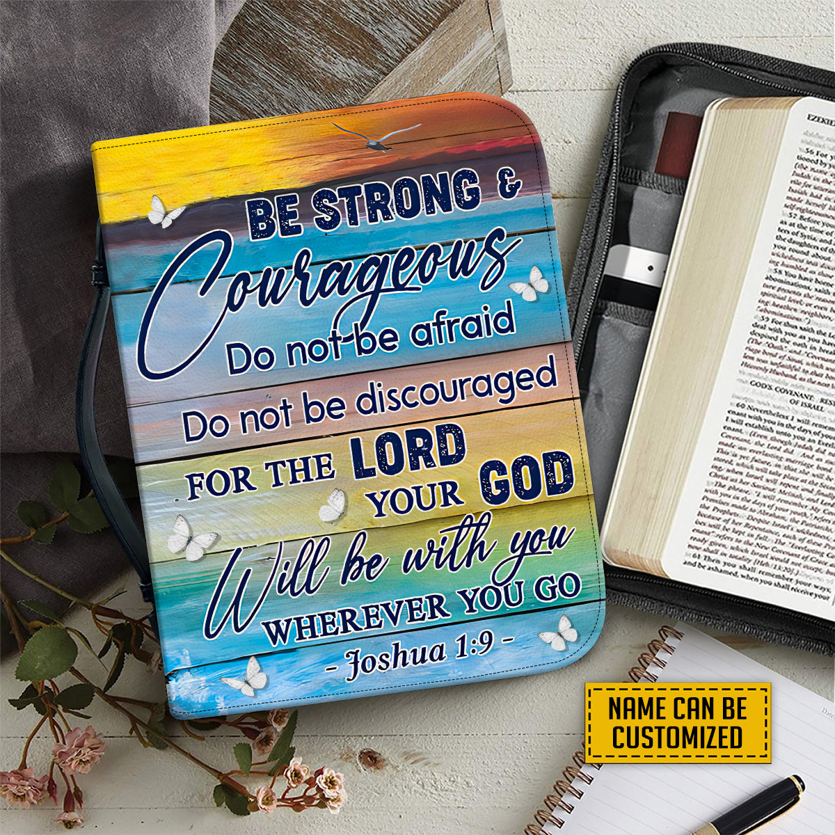 Teesdily | Customized Jesus Cross Butterfly Bible Protector Be Strong And Courageous Do Not Be Afraid God Inspiration Pastor Gifts