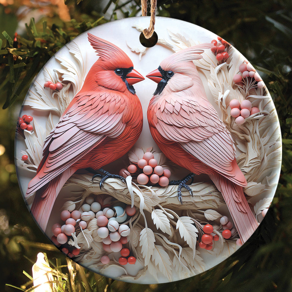 Teesdily | Christmas Cardinal Bird 2D Flat Ceramic Ornament, Couple Cardinal Bird Snowy Flower Christmas Gift, Xmas Ornament