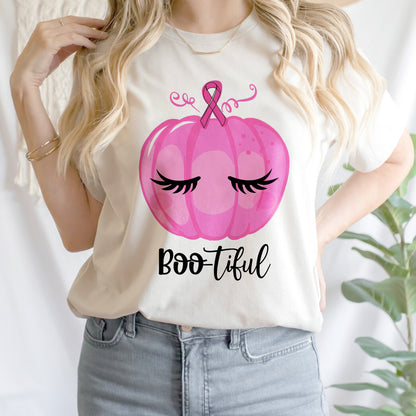 Teesdily | Pink Pumpkin Bootiful Shirt, Breast Cancer Halloween Sweatshirt, Pink Ribbon Pumpkin Cancer Fighter Hoodie Mug, Cancer Month Gift