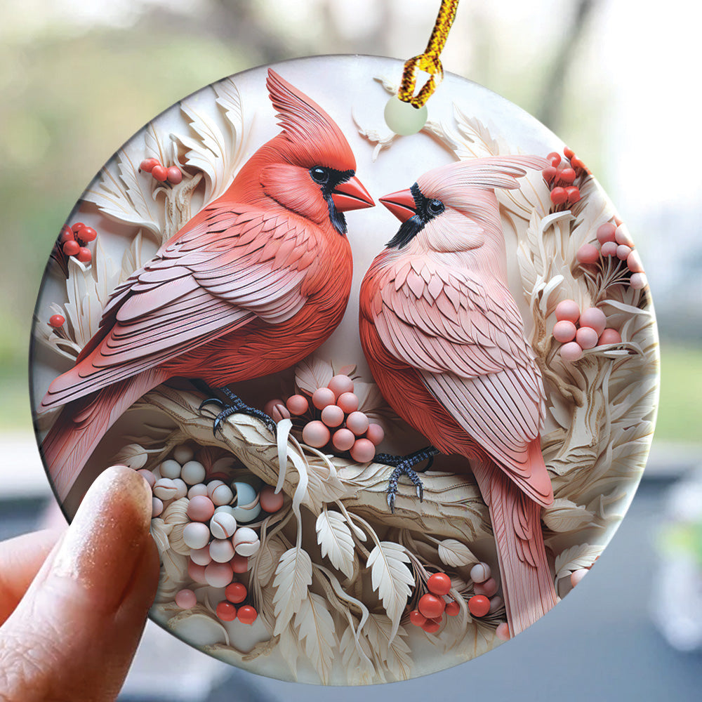 Teesdily | Christmas Cardinal Bird 2D Flat Ceramic Ornament, Couple Cardinal Bird Snowy Flower Christmas Gift, Xmas Ornament