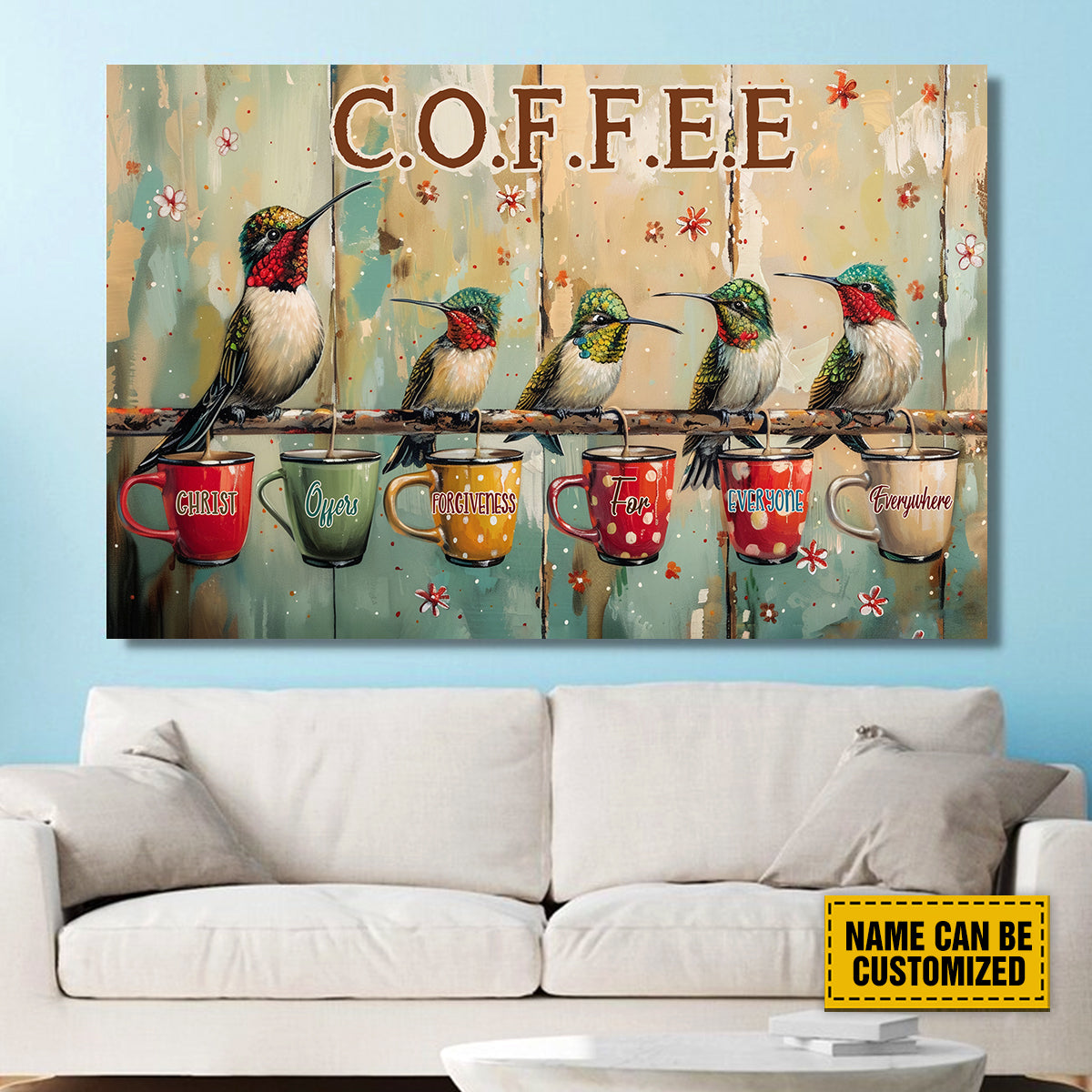 Teesdily | Jesus Hummingbird Coffee Poster, Christ Offers Forgiveness For Everyone Everywhere Art Canvas, Christian Decor, Religious Poster Canvas