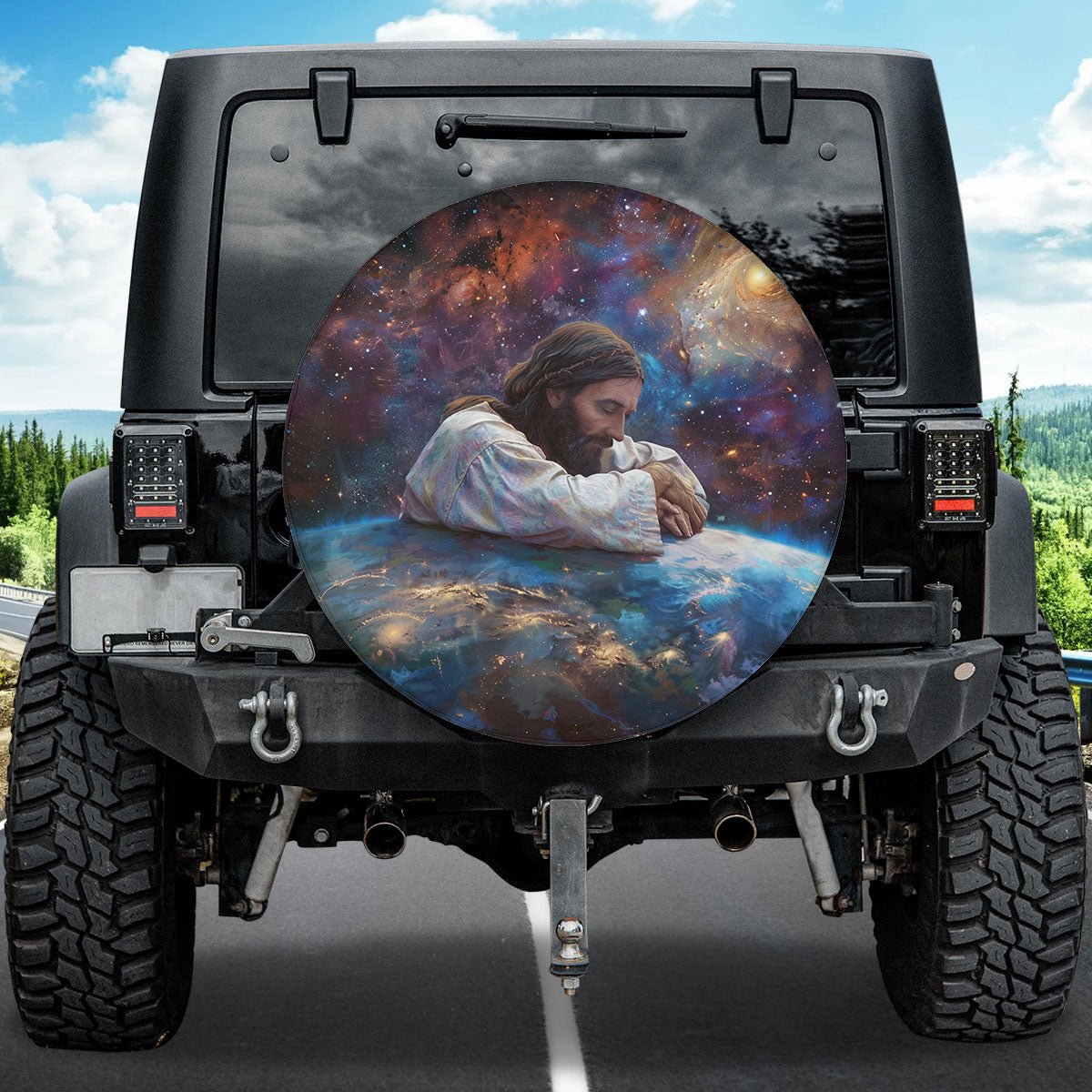 Teesdily | Jesus Earth Spare Tire Cover, Jesus Saves Earth Camper Wheel Cover, God Believer Gifts, Religious Spare Tire Cover 27"-34"