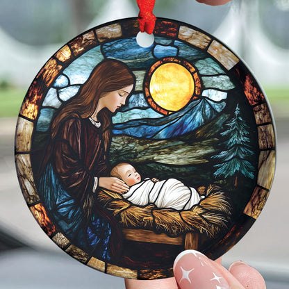 Teesdily | Jesus Christ Mary Christmas Ornament, Holy Family Stained Glass Printed Ornament, Nativity Religious Art Christmas Gift