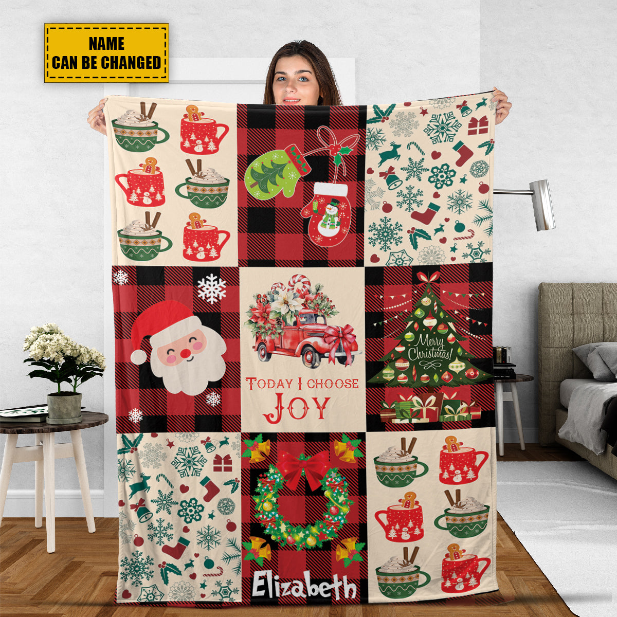 Teesdily | Christmas Pattern Personalized Fleece Blanket Christmas Theme Vintage Sherpa Blanket Today I Choose Joy Xmas Holiday Warm Blanket Gifts