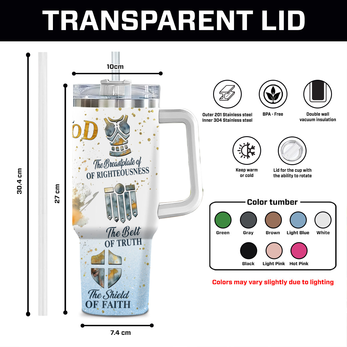 Teesdily | Personalized Full Armor Of God 40oz Water Tumbler With Straw, Warrior Woman Christian Insulated Tumbler With Handle, Daughter Of God Gifts