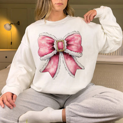 Teesdily | Pink Bow Christmas Shirt, Christmas Coquette Sweatshirt, Pink Coquette Bow Santa Hoodie Mug, Matching Family Gift