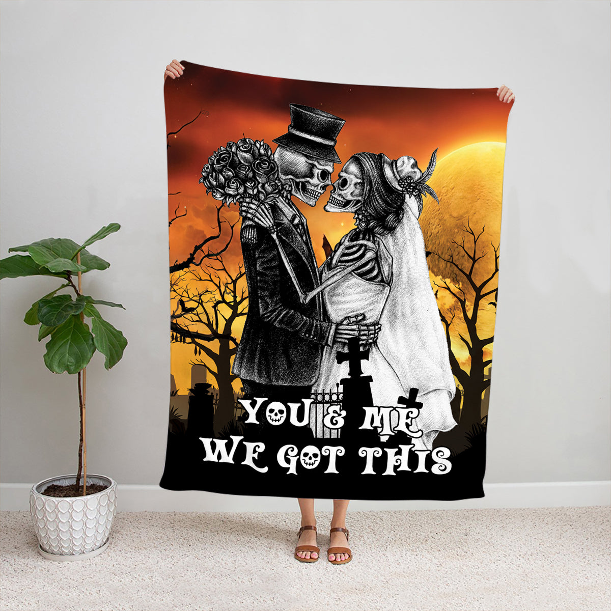 Teesdily | Skeleton Couple Fleece Throw Blanket You And Me We Got This Sherpa Blanket Halloween Gift For Couple Goth Lovers Halloween Gothic Gifts