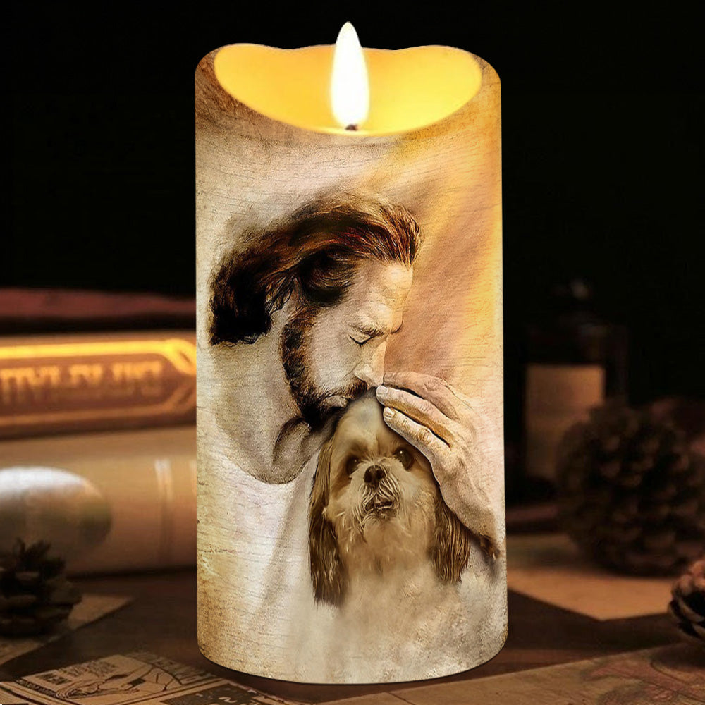 Teesdily | Customized Jesus With Dogs Memorial Led Candle, Pet Sympathy Gift, Dog Mom Gift, Memorial Dog Led Candle