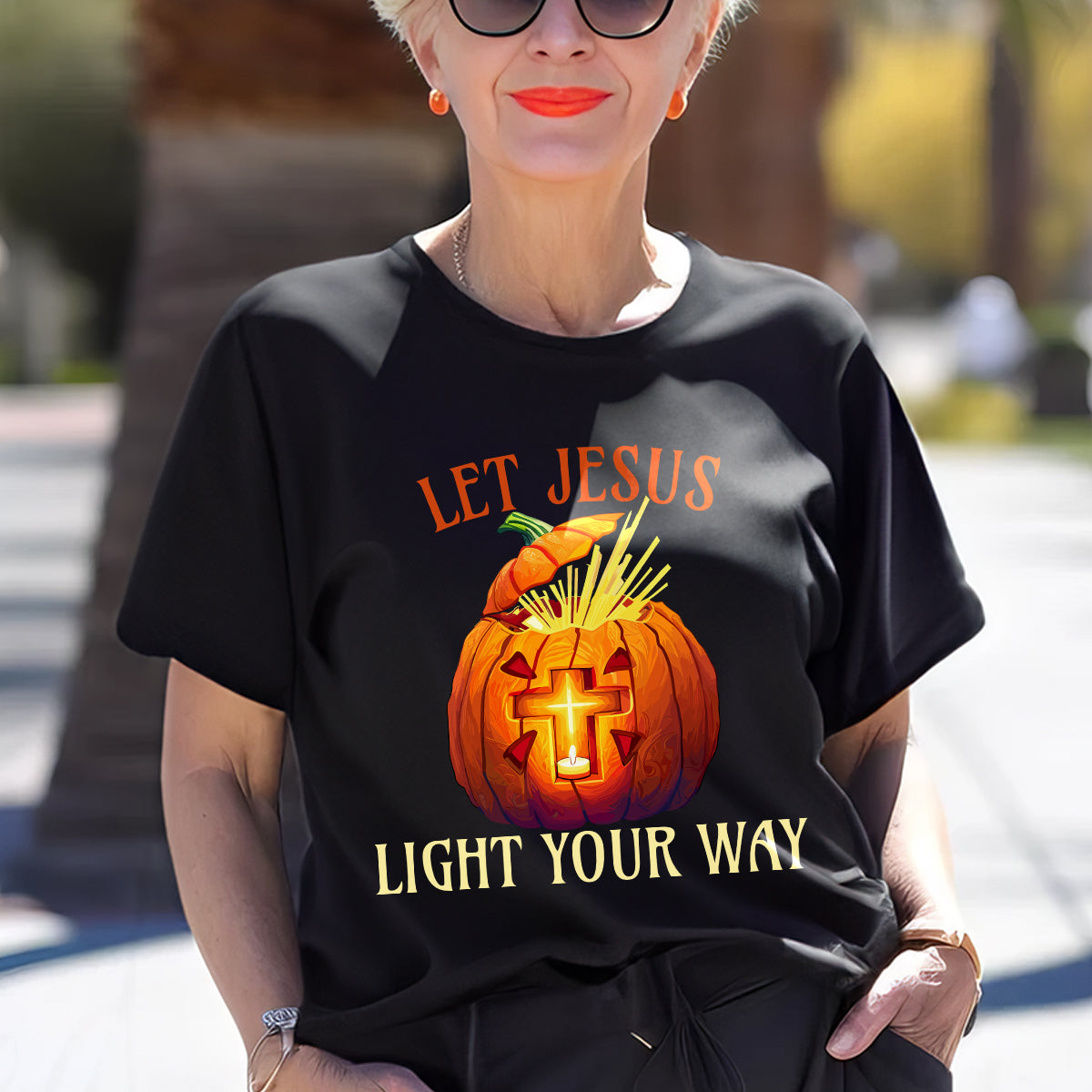 Teesdily | Jesus Pumpkin Cross Shirt, Let Jesus Light Your Way T-shirt, Jesus Light Pumpkin Sweatshirt Hoodie Mug, Happy Halloween Christian Gift