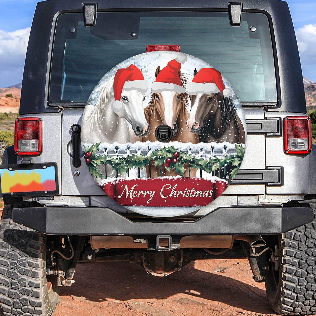 Teesdily | Christmas Horse Car Spare Tire Cover, Horse Farming Merry Christmas Tire Protector, Horse Santa Truck Wheel Cover, Car Decor, Xmas Gift