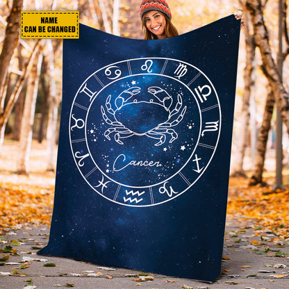 Teesdily | Cancer Personalized Fleece Blanket With Name Horoscope Design Sherpa Blanket Zodiac Sign Constellation Astrology Adult Kid Birthday Gifts