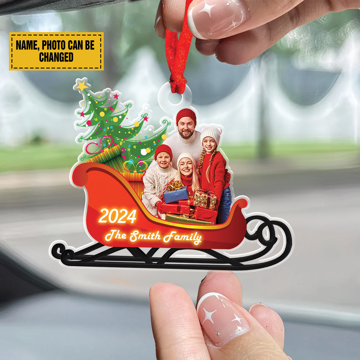 Teesdily | Personalized Photo Family Santa Sleigh Christmas Ornament, Family Ornament 2024 Merry Christmas, Christmas Tree Hanging Decor, Xmas Gift