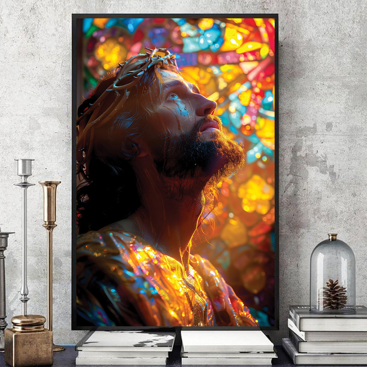 Teesdily | Jesus Portrait Art Stained Glass Design Poster, Christian Home Decor Poster Canvas, Jesus Art Religious Wall Decor, God Believers Gifts