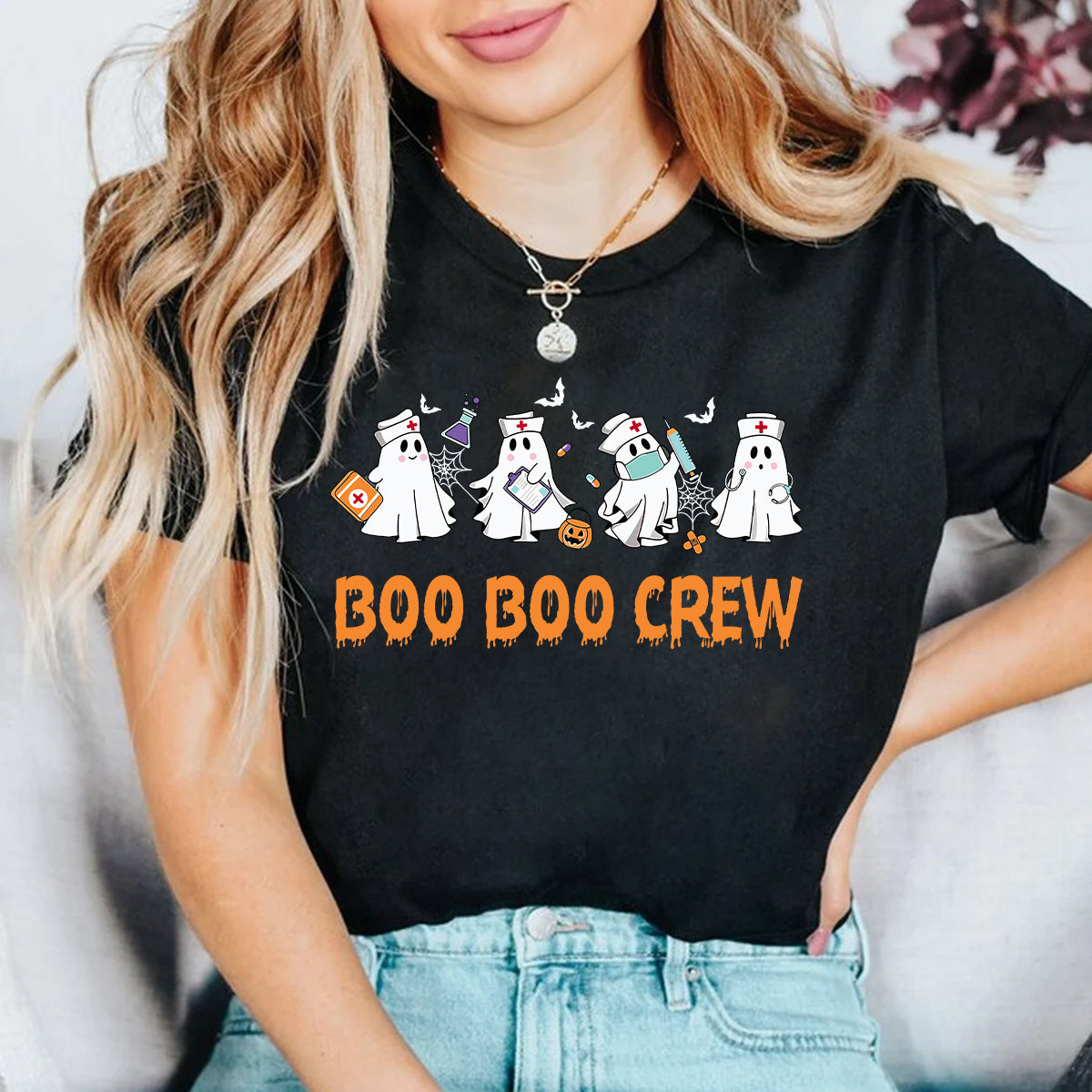 Teesdily | Halloween Nurse T-shirt, Boo Boo Crew Cute Ghost Tee Sweatshirt Hoodie Mug, Halloween Nursing Gift, Spooky Season Gift