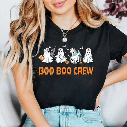 Teesdily | Halloween Nurse T-shirt, Boo Boo Crew Cute Ghost Tee Sweatshirt Hoodie Mug, Halloween Nursing Gift, Spooky Season Gift