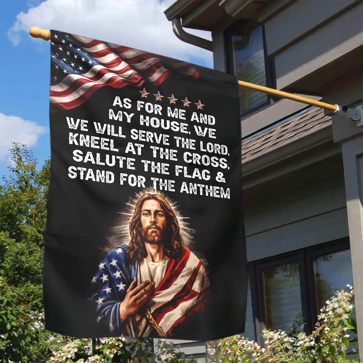 Teesdily | Jesus American Garden Flag, As For Me And My House, We Will Serve The Lord House Flag, American Patriotic Flag, Jesus Outdoor Decor Gift